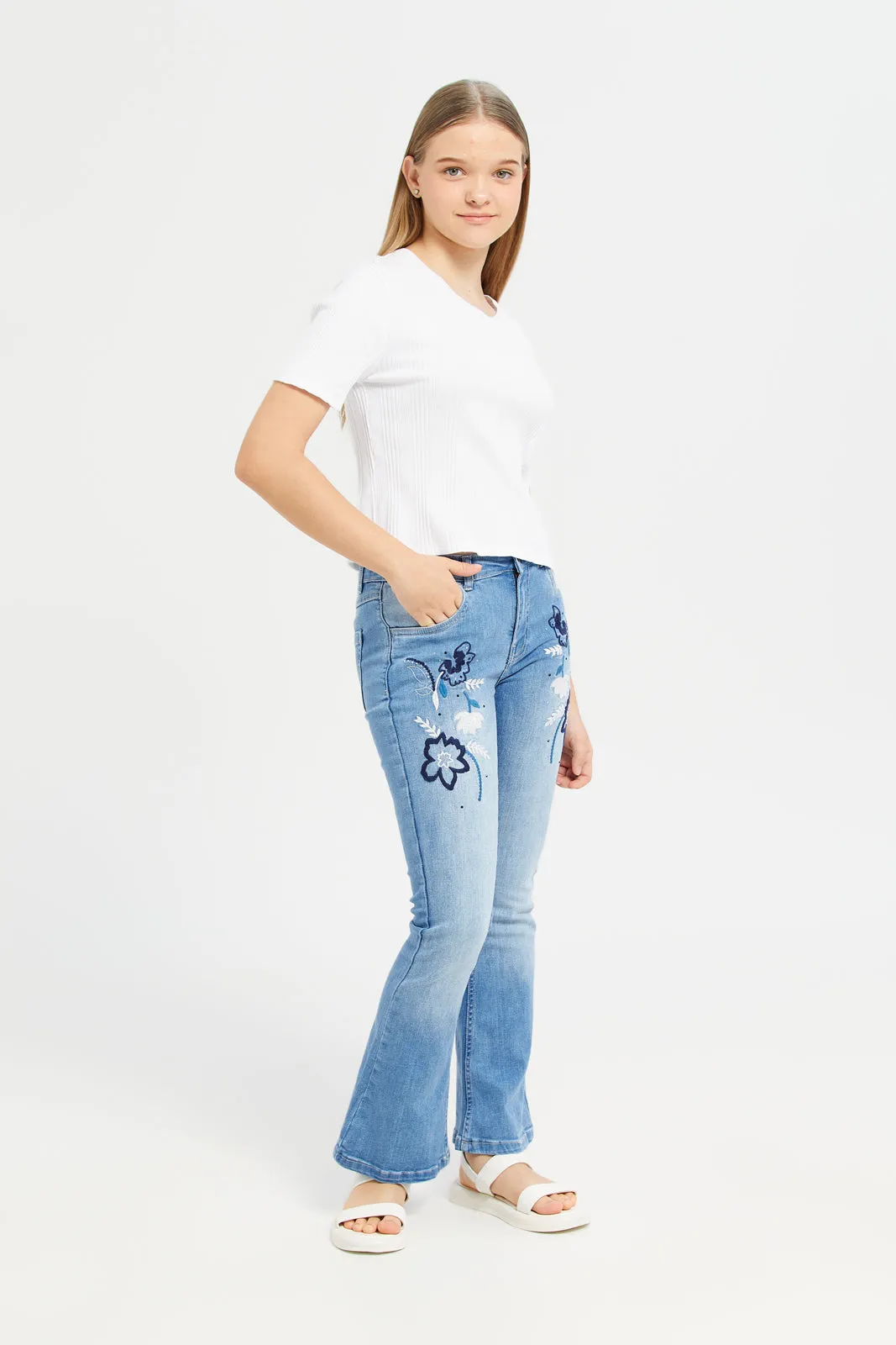 Senior Girls Blue Flared Hem Jeans With Embroidery