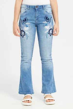 Senior Girls Blue Flared Hem Jeans With Embroidery