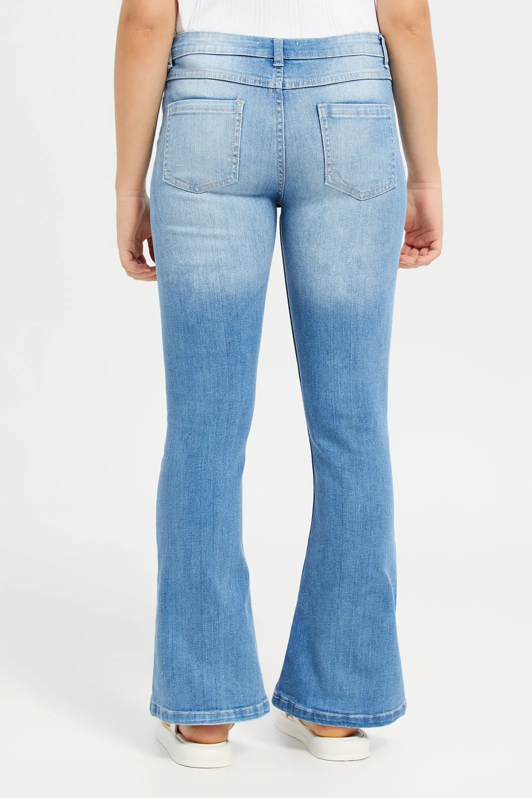 Senior Girls Blue Flared Hem Jeans With Embroidery