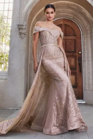SEQUIN LACE OFF THE SHOULDER GOWN WITH OVERSKIRT CDA1200
