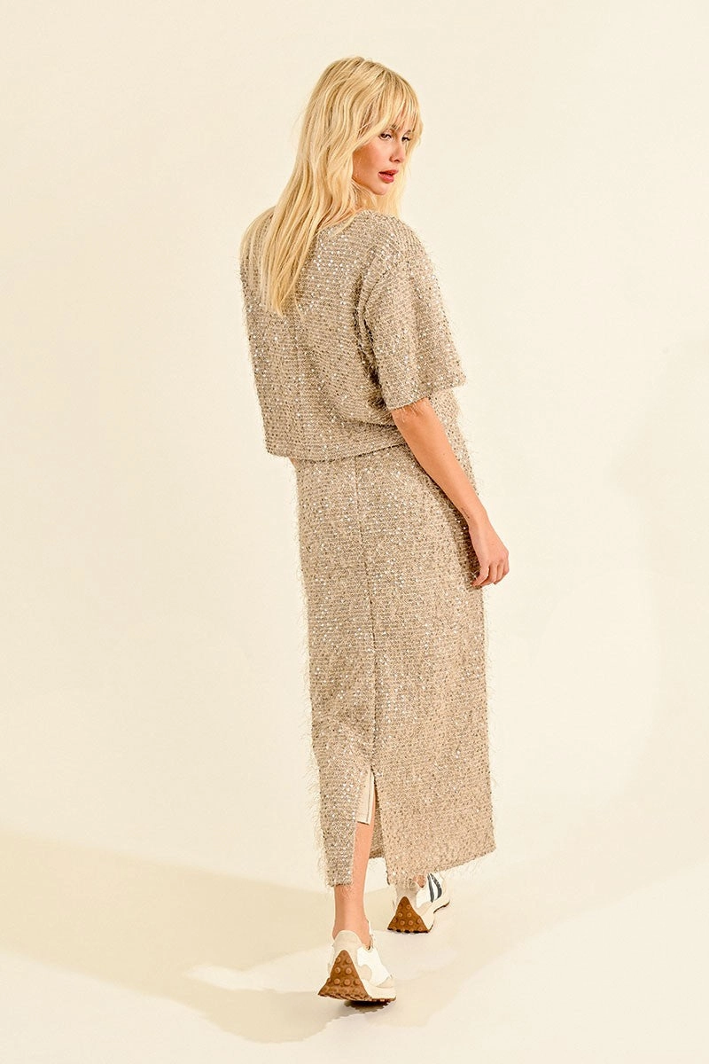 Front Slit Sequin and Eyelash Skirt in Light Beige