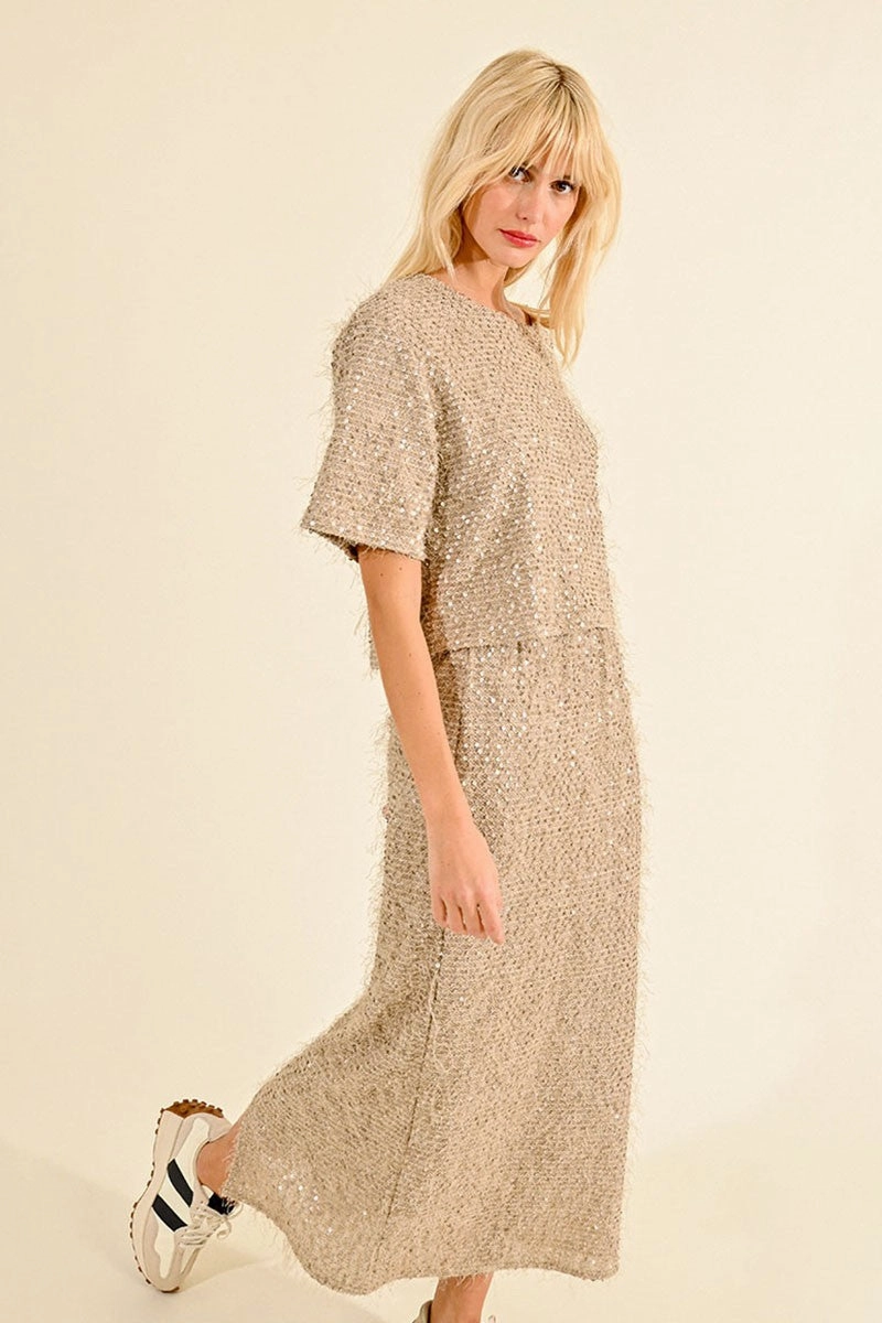 Outfit Vibes Sequin and Eyelash Skirt in Light Beige