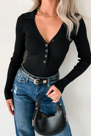 ButterSoftTexture YarnDyed Stripes Serene Vibes Long Sleeve Polo Knit Bodysuit (Black)