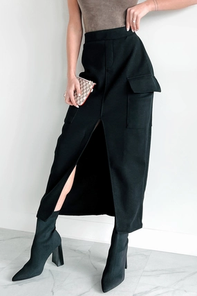 perforated design Easy Combo Setting New Standards Brushed Knit Cargo Midi Skirt (Black)