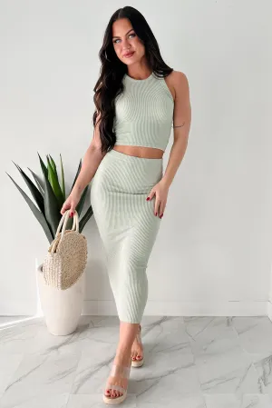 Sew Up The Deal Ribbed Tank Top & Midi Skirt Set (Desert Sage) DoubleStitchedHem WideNeckOpening