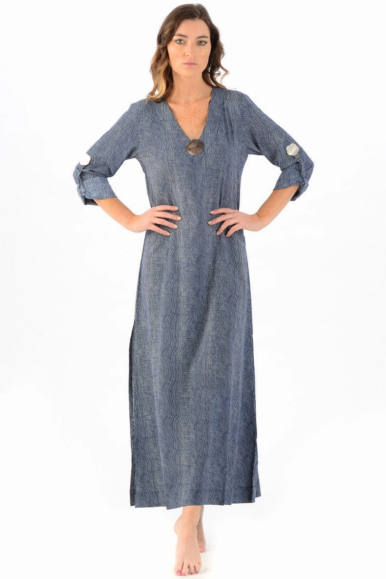 Seychelles Dress-Kaftan Abalone Shell/ Deep Indigo Breathable Layering Jewel Accent