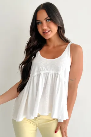 Modern Silhouette Flexible Knit Booked By Brunch Sleeveless Ruffle Top (White)