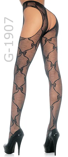 Sheer Black Bow Lace Suspender Pantyhose 1907