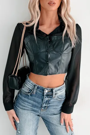 EcoFriendlyTexture Yarn Dyed Pattern Cloth Sheer Passion Faux Leather Blouse (Black)