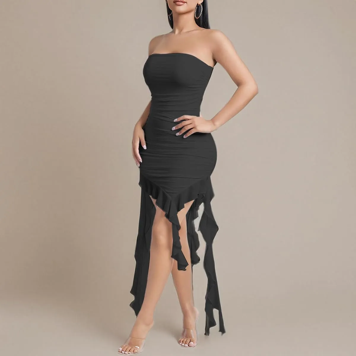 SHESEEWORLD Women's Sexy Y2k Tassel Tube Top Short Dress Ruffle Sleeveless Off Shoulder Bodycon Mini Party Dress