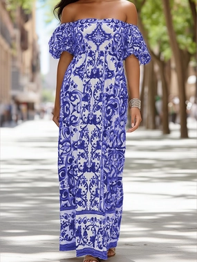Bohemian One-Shoulder Maxi Dress ??Printed Flowy Summer Dress Easy Flow Trendy Design