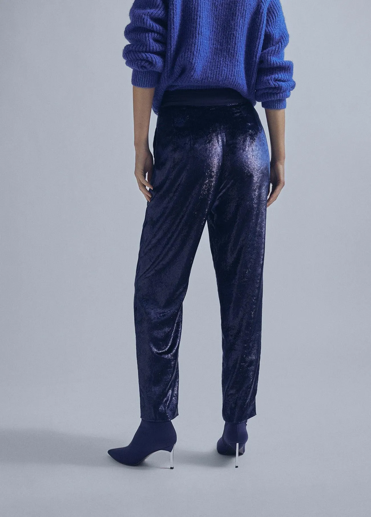 Shiny effect velvet trousers