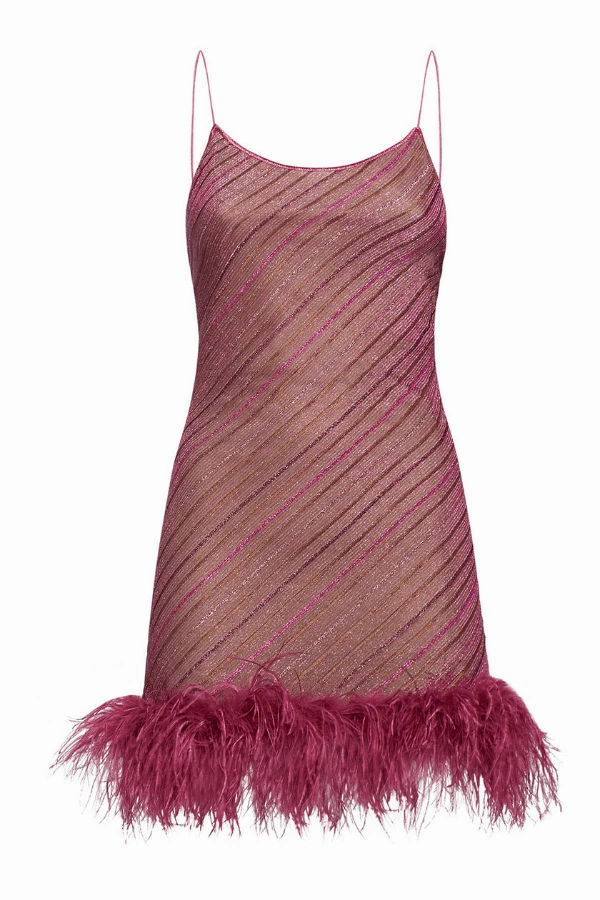 Matte Fabric Shiny Stripes Plumage Dress Rose