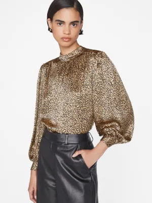 Shirred Mock Neck Blouse -- Beige Multi