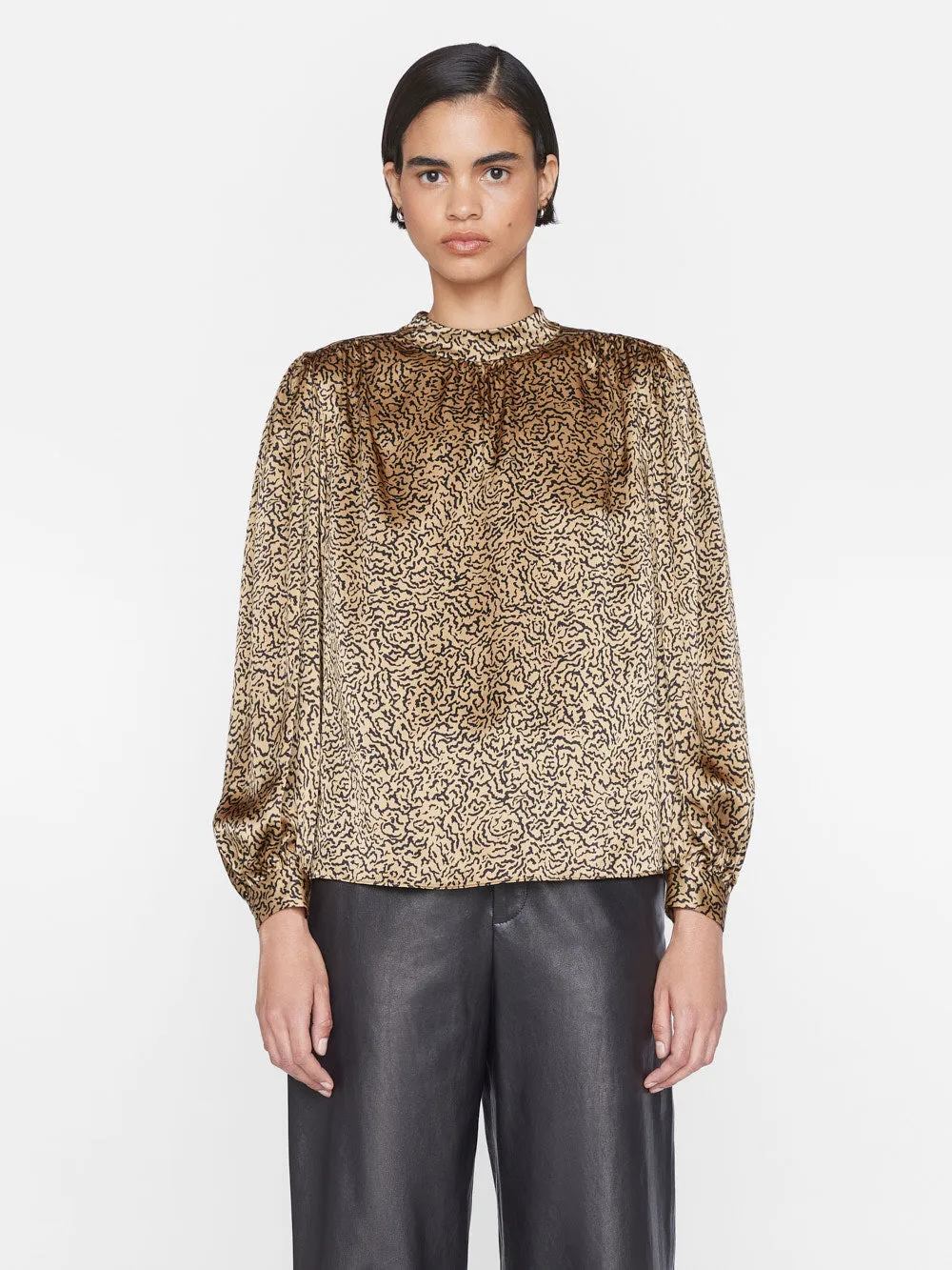 Shirred Mock Neck Blouse -- Beige Multi