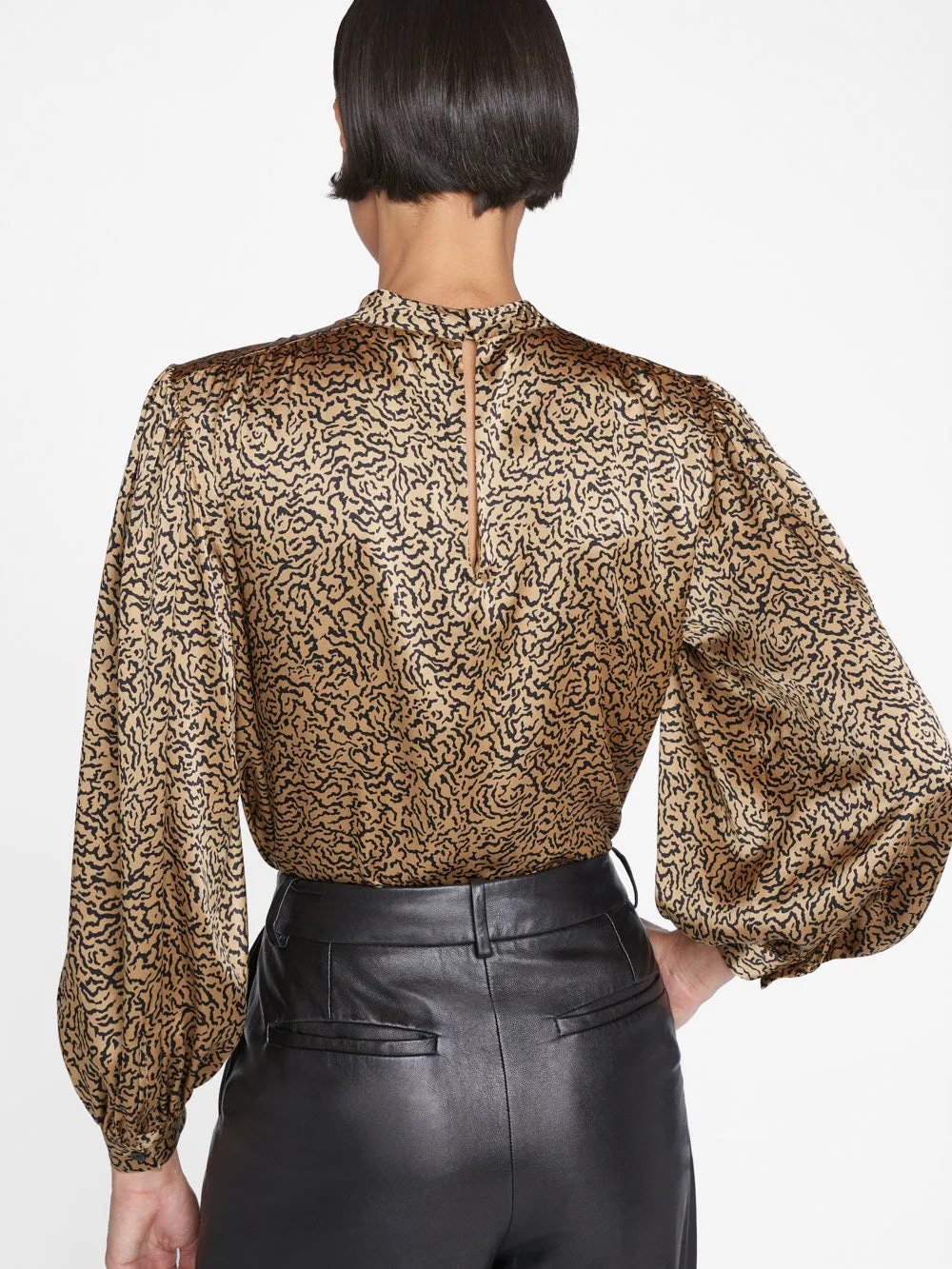 Shirred Mock Neck Blouse -- Beige Multi