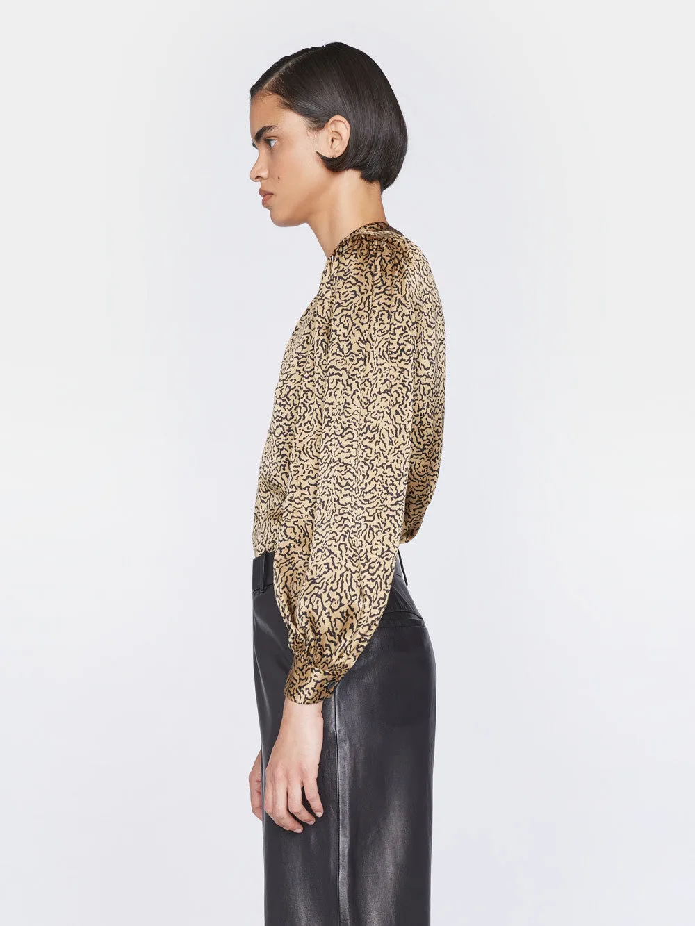 Shirred Mock Neck Blouse -- Beige Multi