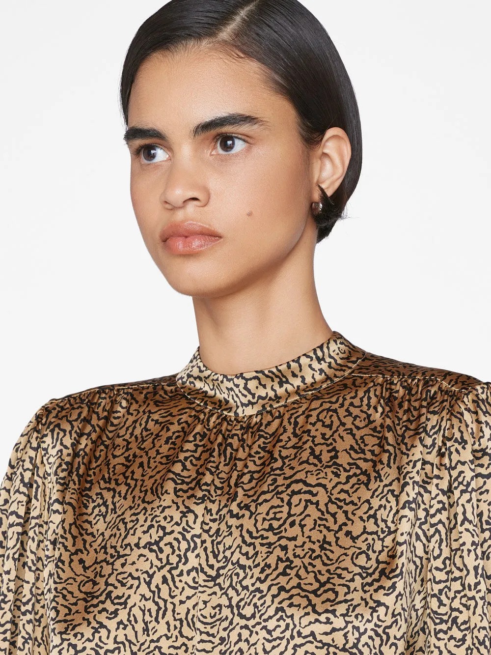 Shirred Mock Neck Blouse -- Beige Multi