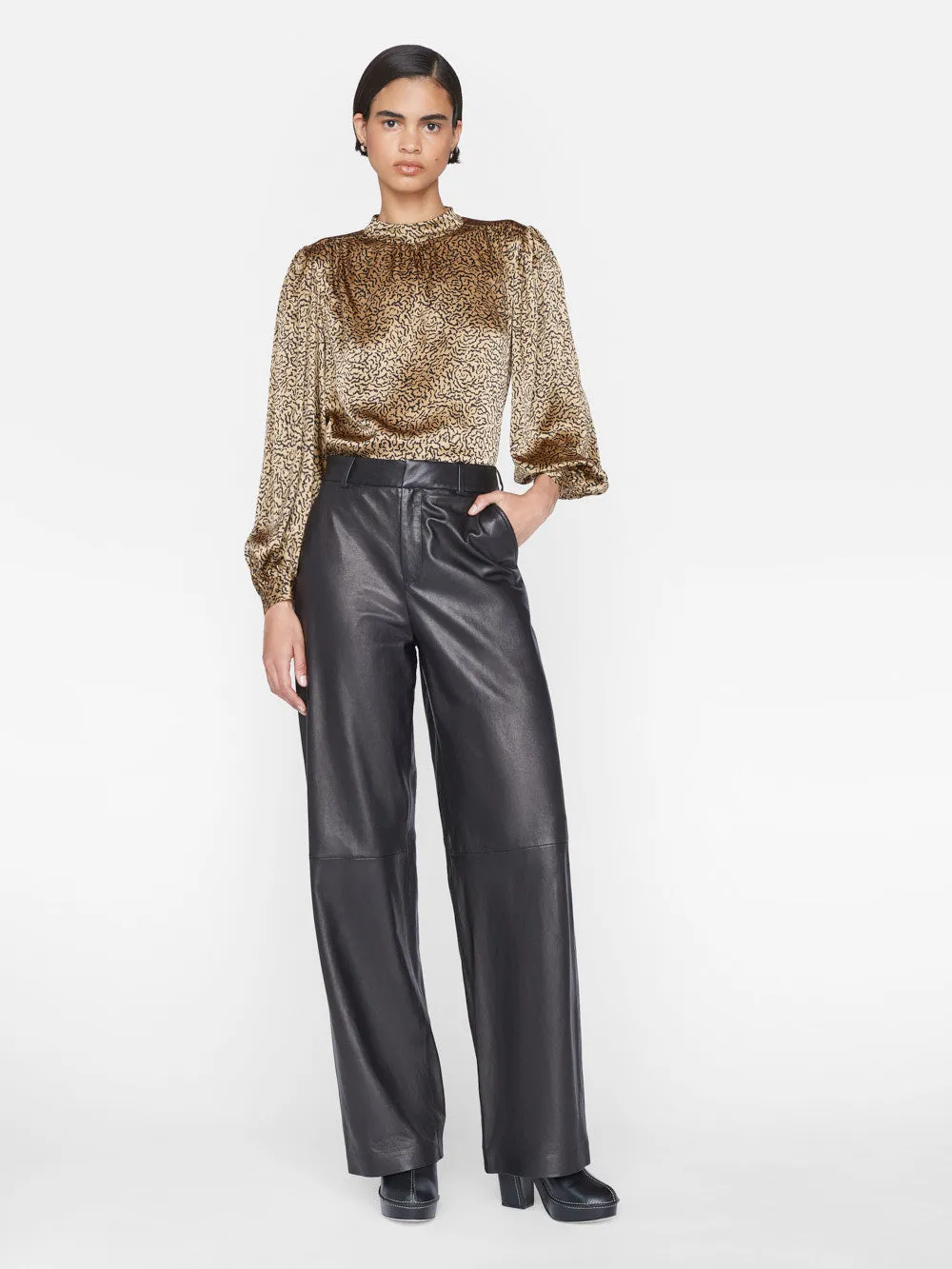 Shirred Mock Neck Blouse -- Beige Multi