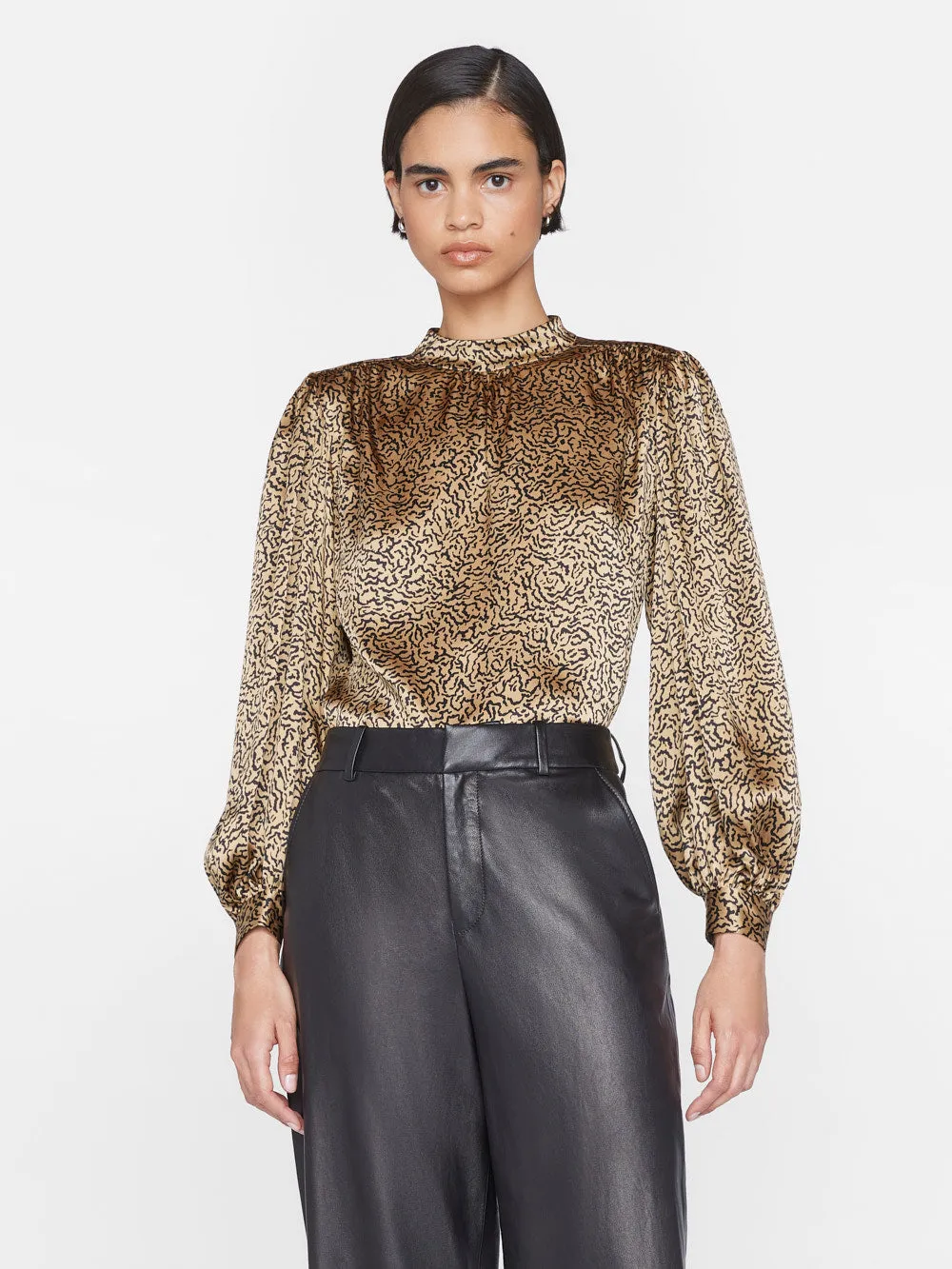 Shirred Mock Neck Blouse -- Beige Multi