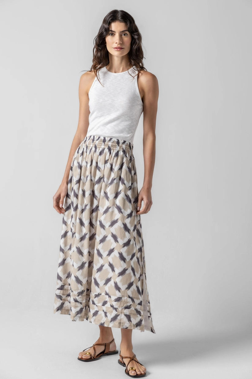 button detail Shirred Elastic Waist Skirt in Natural Ikat