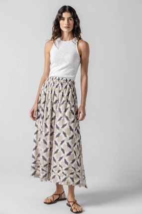 button detail Shirred Elastic Waist Skirt in Natural Ikat