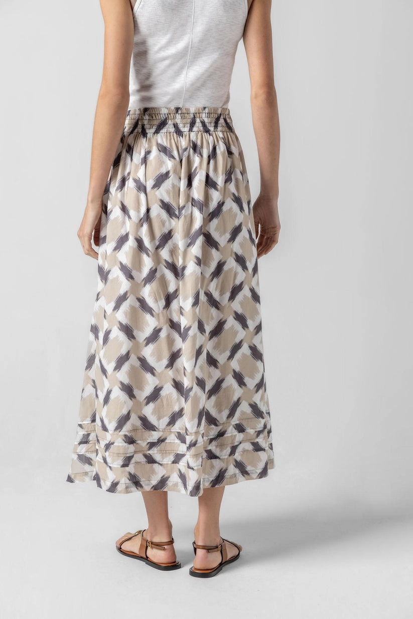 Shirred Elastic Waist Skirt in Natural Ikat Twist Knot Details