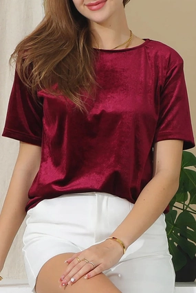 WaffleWeave LayeredPanel SHORT SLEEVE ROUND NECK VELVET CASUAL TUNIC TOP