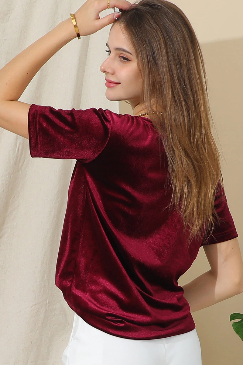 SHORT SLEEVE ROUND NECK VELVET CASUAL TUNIC TOP Casual Tank TwillWeave