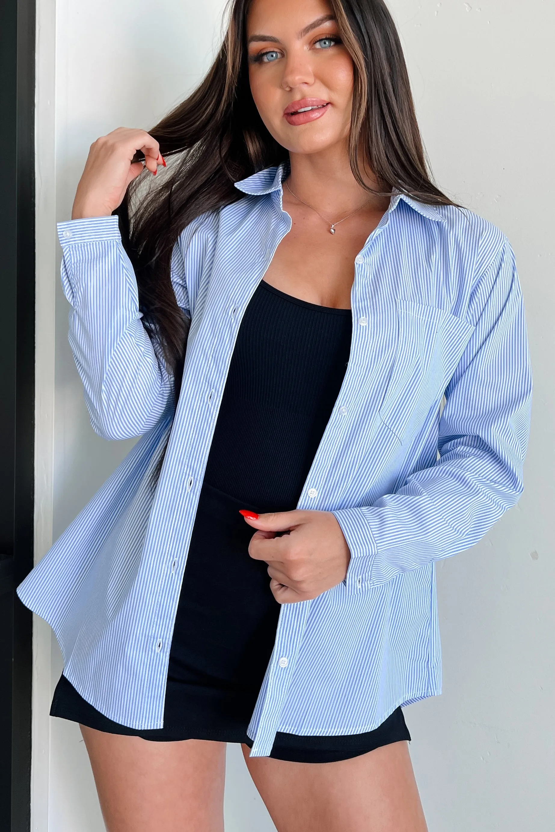 Shoreline Serenity Striped Button-Down Shirt (Blue Stripe) Recycled Polyester NonRestrictive Armholes