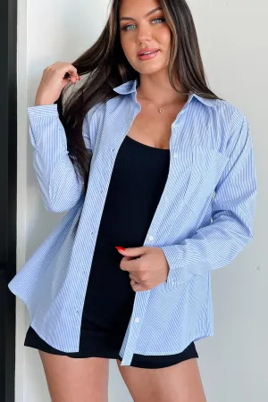 Printed Hoodie Recycled Polyester Shoreline Serenity Striped Button-Down Shirt (Blue Stripe)