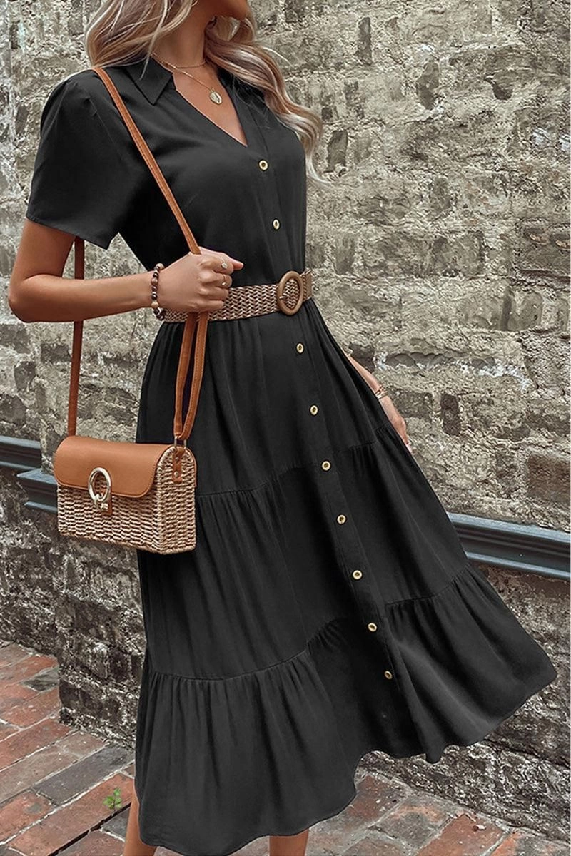 SHORT SLEEVE BUTTON UP CAKE DRESS Flattering Waist Design Fit