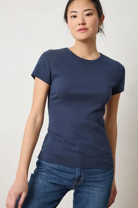 Formal Blouse Sustainable Fabric Blend Short Sleeve Crew Dark Navy