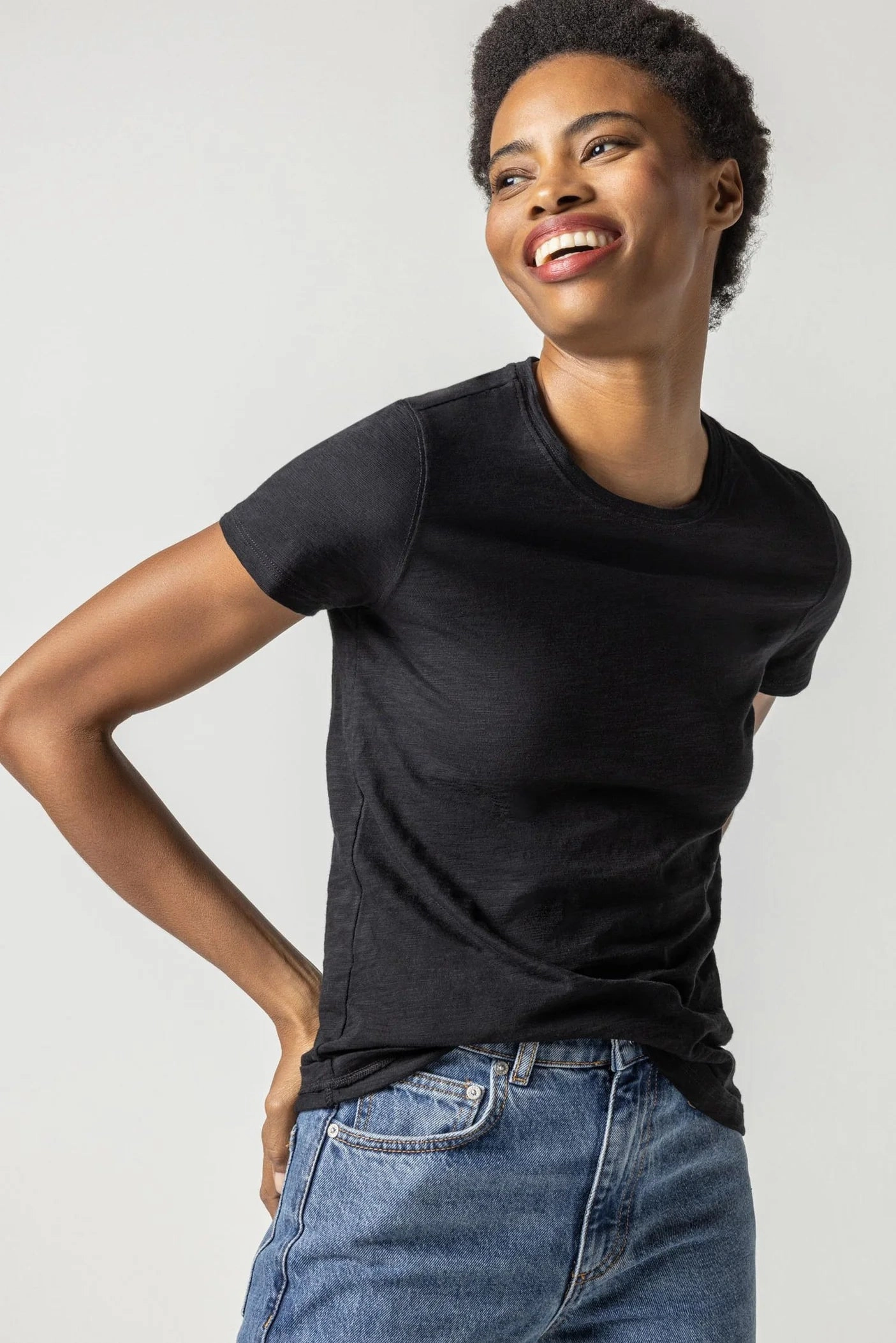 Short Sleeve Crewneck Black Stretchable Waistband Self Fabric Tie