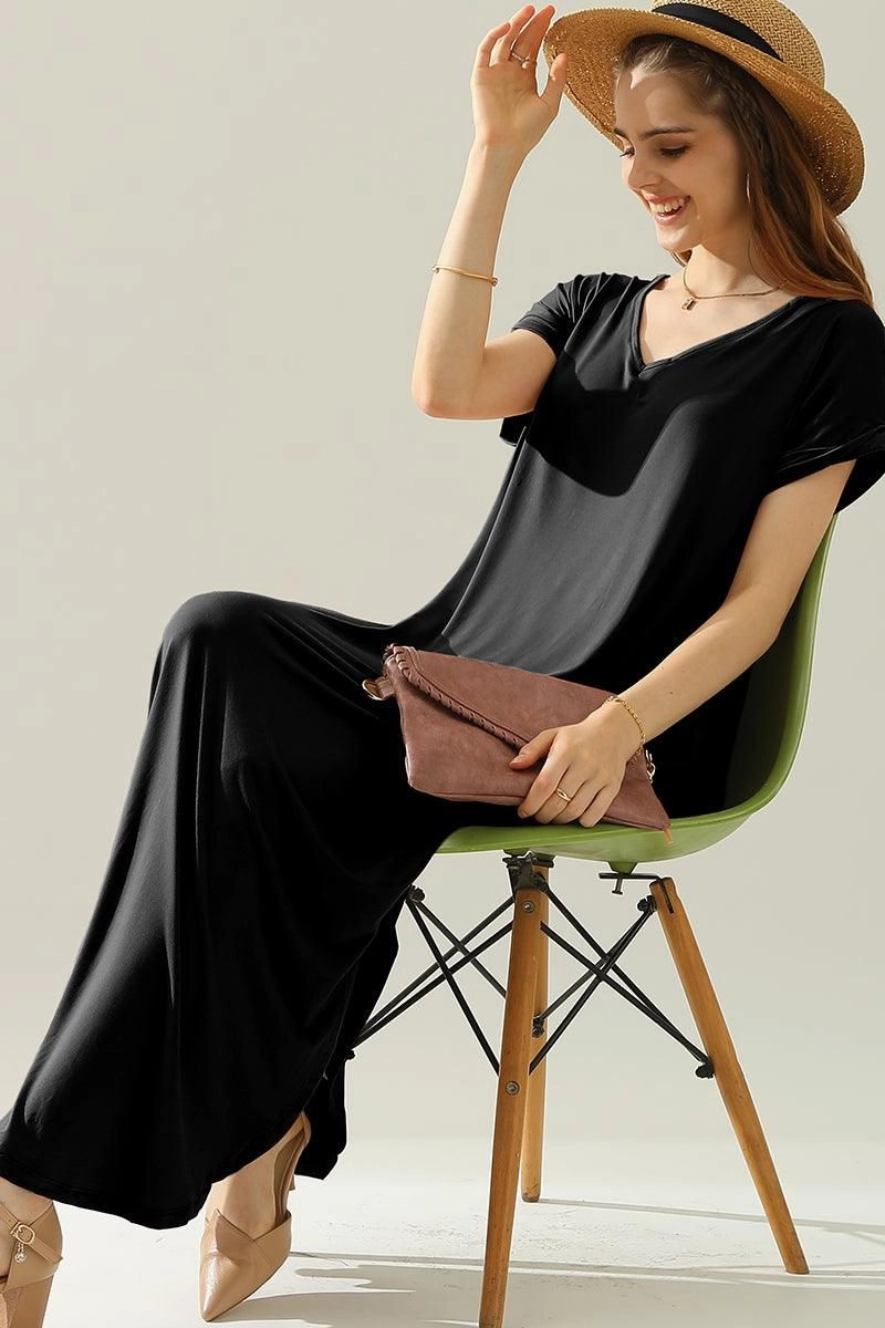 SHORT SLEEVE V-NECK MAXI DRESS WITH SIDE SLIT Relaxed Mood