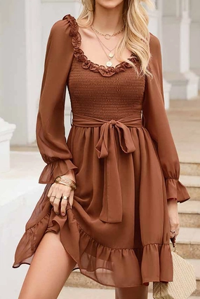 SHORT SQUARE NECK FRILL FLARE DRESS Calm Style