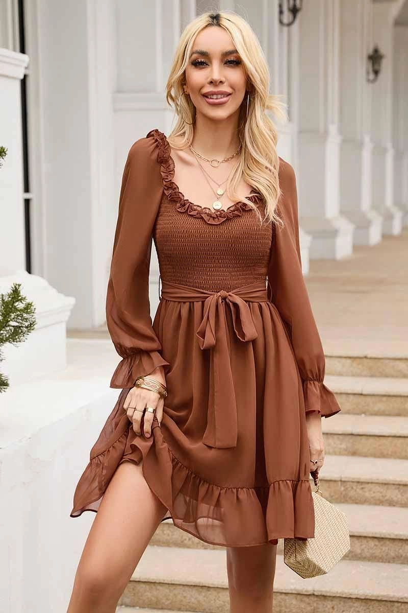 Fall Outfit Season Ready SHORT SQUARE NECK FRILL FLARE DRESS