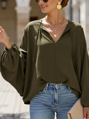 Short V-Neck Lace-Up Casual Top for Women TaglessLabel
