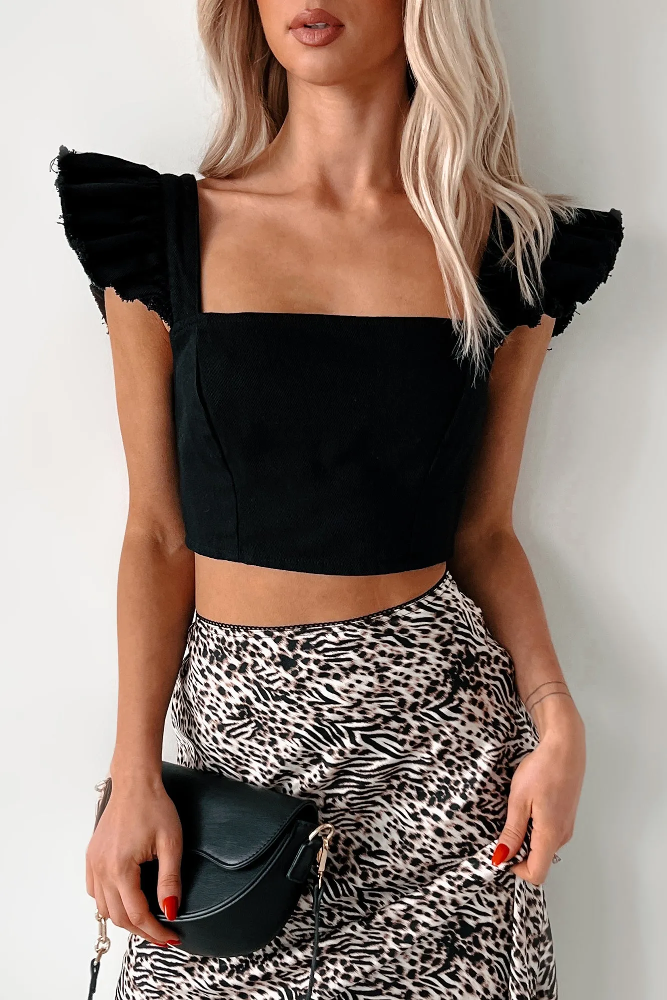 Summer Ready Ruffle Sleeve Denim Crop Top (Black) Recycled Material Blend