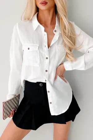 Nothing Fancy Long Sleeve Buttoned Top (White) High Neckline Structure