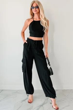 Steady & Sleek Crop Top & Cargo Pant Set (Black) ClassicCrewNeck