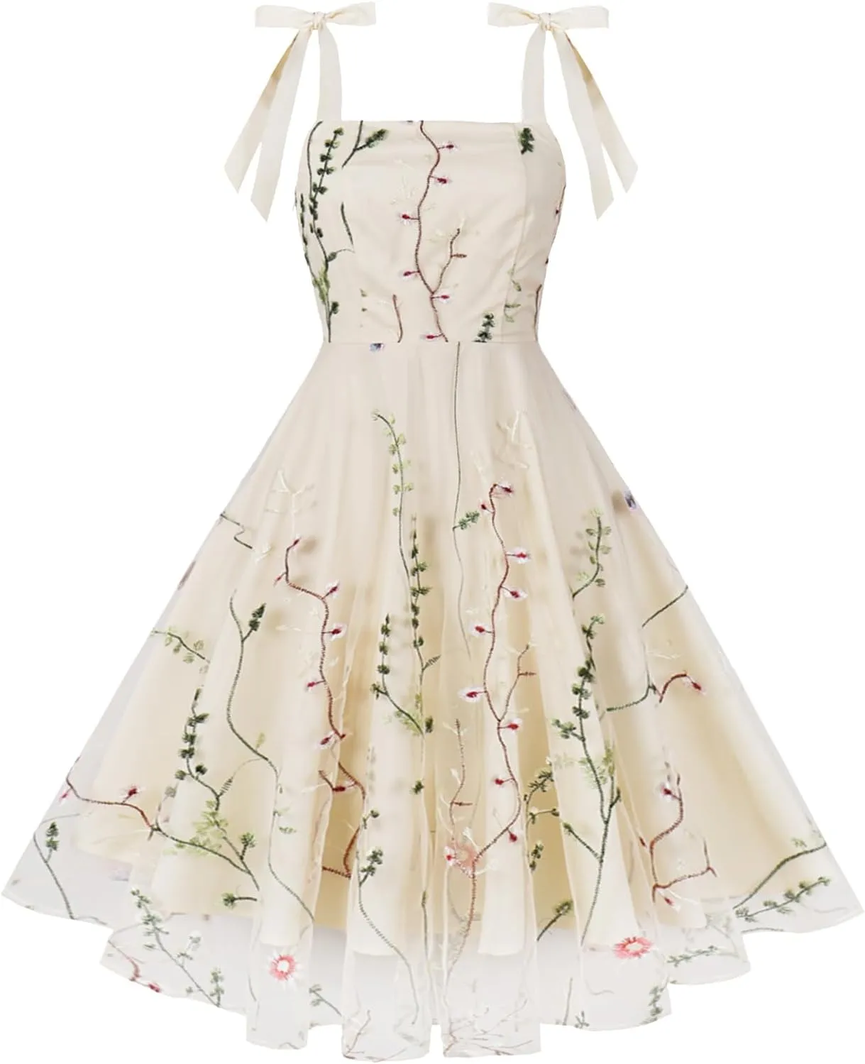 Silk Embroidered Dress for Women Summer Bow Tie Spaghetti Strap Tulle Prom Dress Short A line Cocktail Evening Party Dress