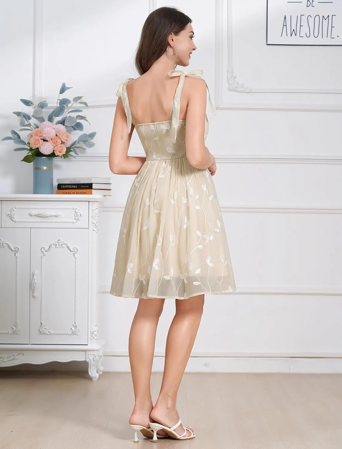 Silk Embroidered Dress for Women Summer Bow Tie Spaghetti Strap Tulle Prom Dress Short A line Cocktail Evening Party Dress