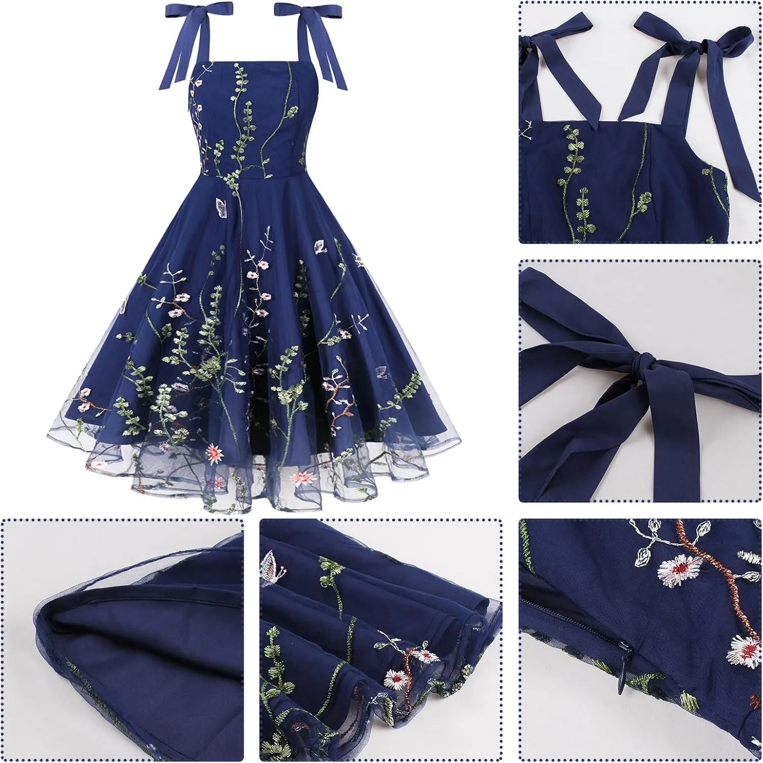 Silk Embroidered Dress for Women Summer Bow Tie Spaghetti Strap Tulle Prom Dress Short A line Cocktail Evening Party Dress