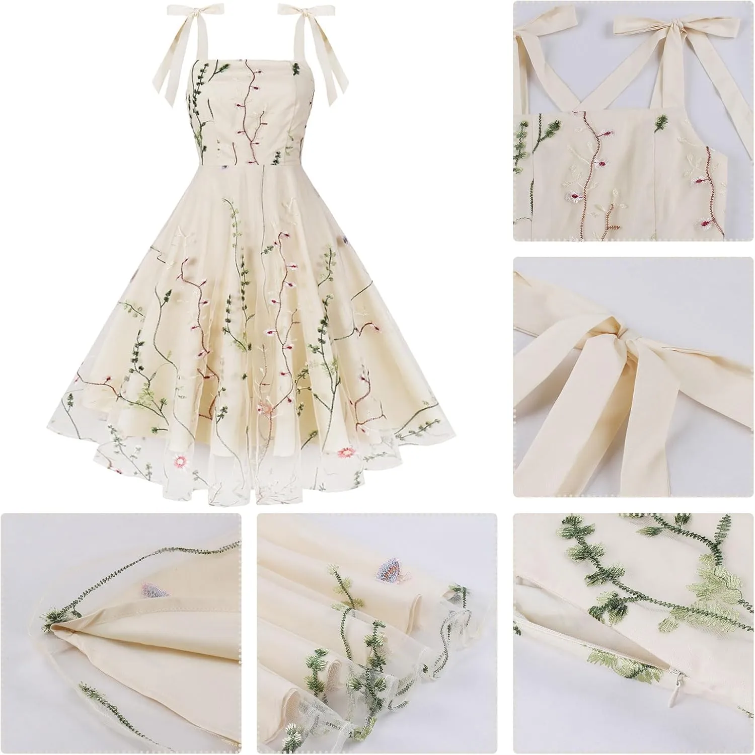 Silk Embroidered Dress for Women Summer Bow Tie Spaghetti Strap Tulle Prom Dress Short A line Cocktail Evening Party Dress