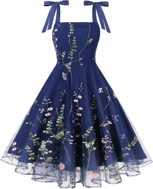 Silk Embroidered Dress for Women Summer Bow Tie Spaghetti Strap Tulle Prom Dress Short A line Cocktail Evening Party Dress