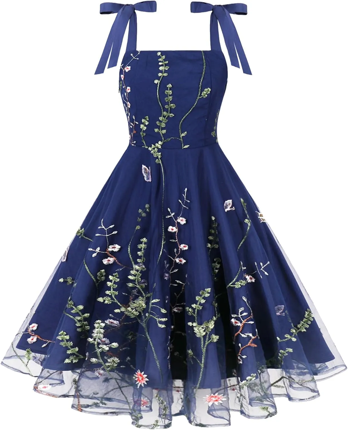 Silk Embroidered Dress for Women Summer Bow Tie Spaghetti Strap Tulle Prom Dress Short A line Cocktail Evening Party Dress