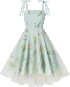 Silk Embroidered Dress for Women Summer Bow Tie Spaghetti Strap Tulle Prom Dress Short A line Cocktail Evening Party Dress