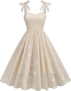 Silk Embroidered Dress for Women Summer Bow Tie Spaghetti Strap Tulle Prom Dress Short A line Cocktail Evening Party Dress