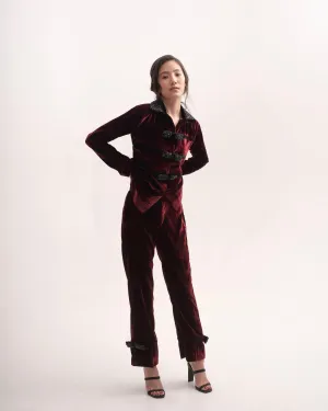 Silk-velvet high-waisted trousers with embellished bows